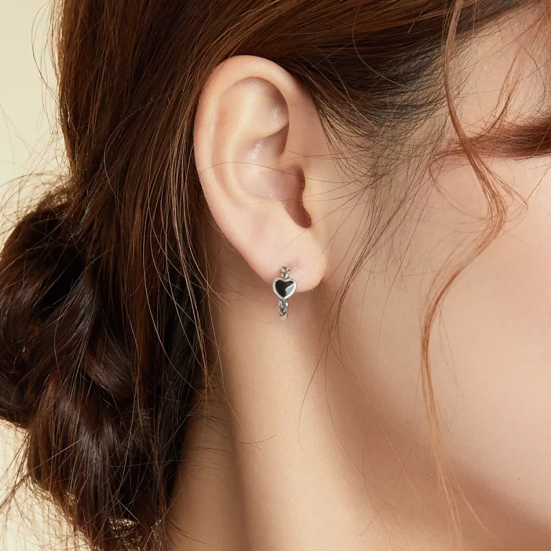 (imagen para) Pendientes de Aro en Forma de Corazón Negro Estilo Pandora - BSE456 - Ver 5