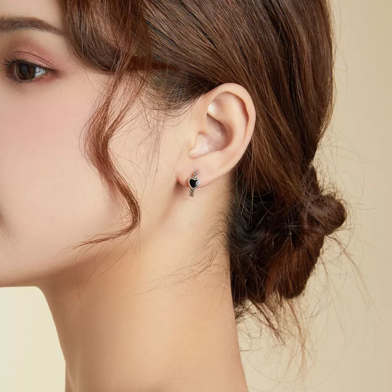 (imagen para) Pendientes de Aro en Forma de Corazón Negro Estilo Pandora - BSE456 - Ver 6