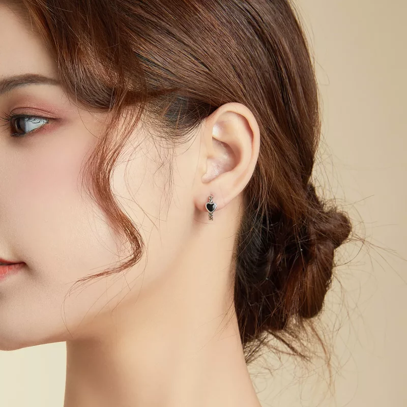 (imagen para) Pendientes de Aro en Forma de Corazón Negro Estilo Pandora - BSE456 - Ver 7