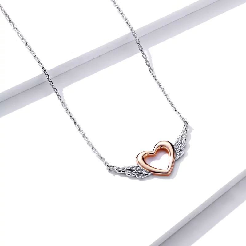 (imagen para) Collar colgante de estilo Pandora de dos tonos con corazón y ala - BSN162 - Ver 3