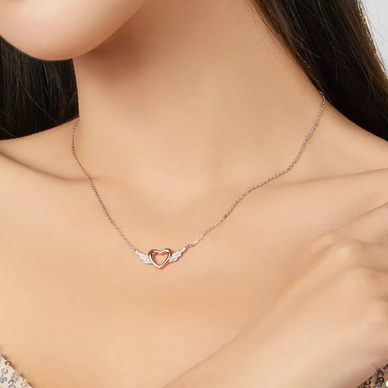 (imagen para) Collar colgante de estilo Pandora de dos tonos con corazón y ala - BSN162 - Ver 7