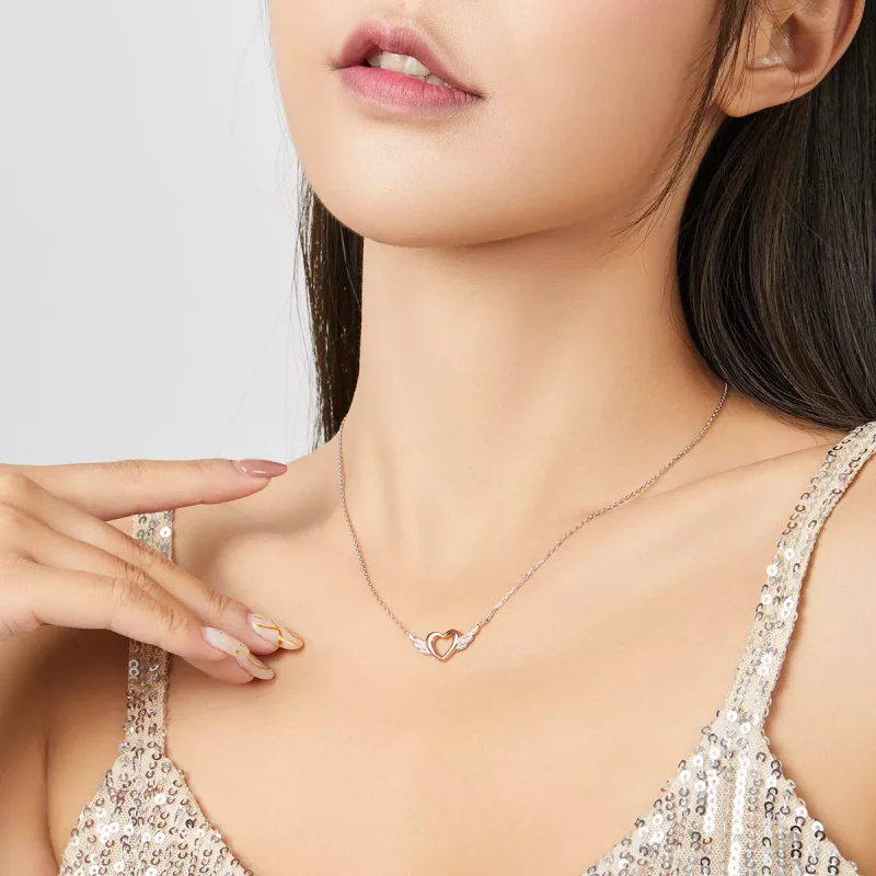 (imagen para) Collar colgante de estilo Pandora de dos tonos con corazón y ala - BSN162 - Ver 8