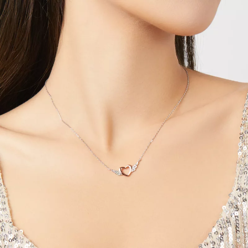 (imagen para) Collar colgante de estilo Pandora de dos tonos con corazón y ala - BSN162 - Ver 9