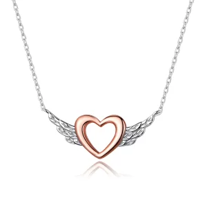 (imagen para) Collar colgante de estilo Pandora de dos tonos con corazón y ala - BSN162