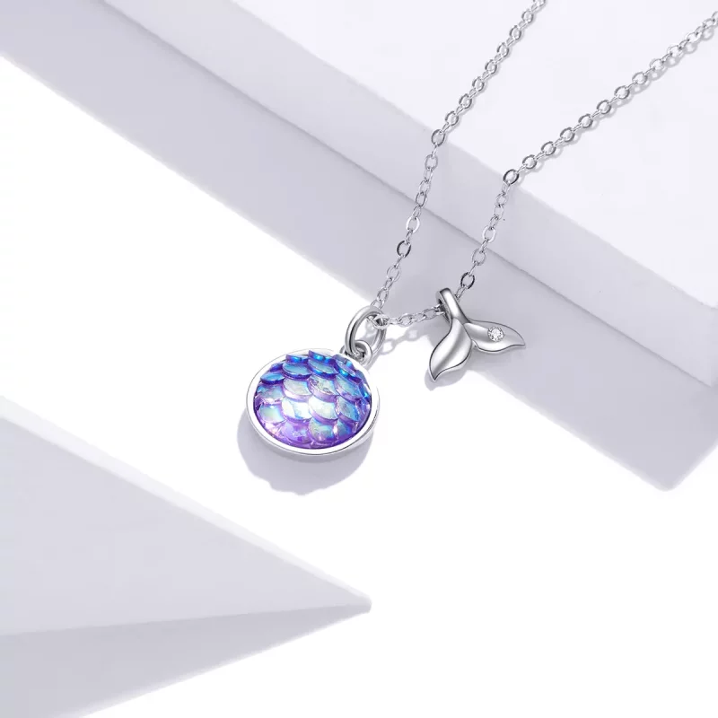 (imagen para) Collar colgante estilo Pandora con colgante de escamas de cola de pez plateado - - Ver 3