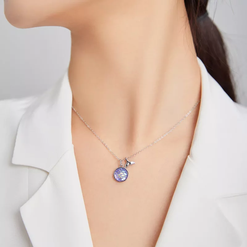 (imagen para) Collar colgante estilo Pandora con colgante de escamas de cola de pez plateado - - Ver 6