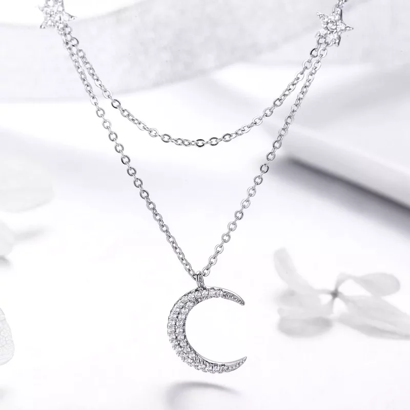 (imagen para) Collar colgante estilo Pandora de Plata con Luna y Estrellas - BSN038 - Ver 2