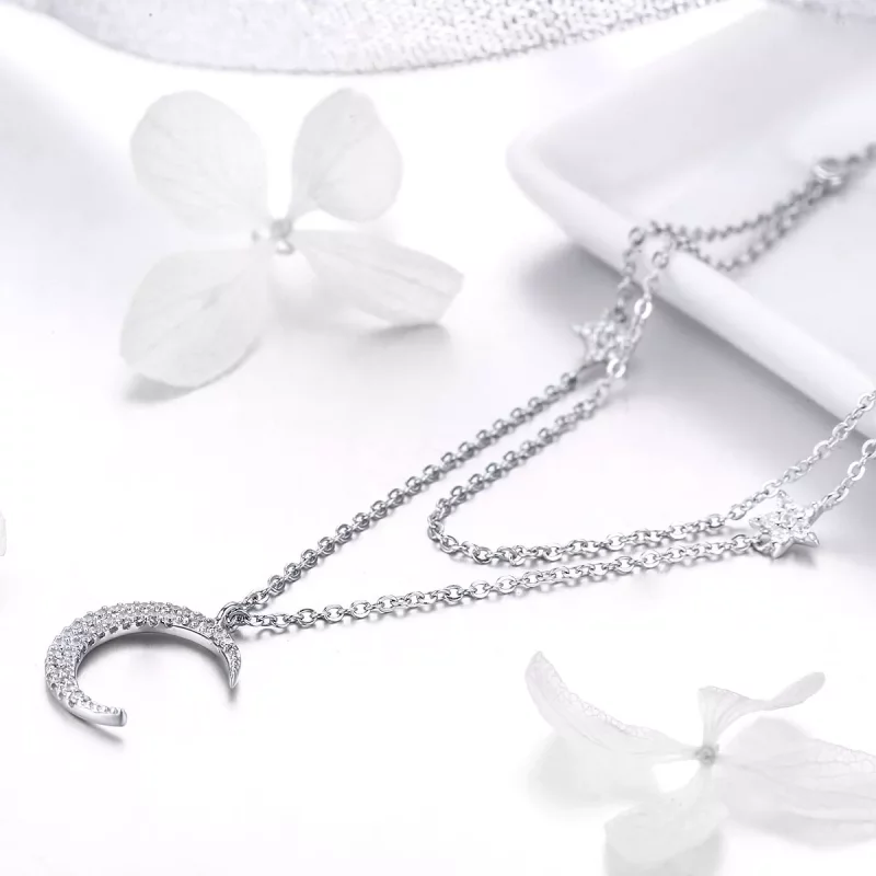 (imagen para) Collar colgante estilo Pandora de Plata con Luna y Estrellas - BSN038 - Ver 3