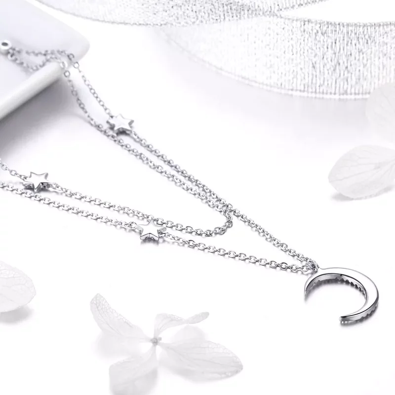 (imagen para) Collar colgante estilo Pandora de Plata con Luna y Estrellas - BSN038 - Ver 4