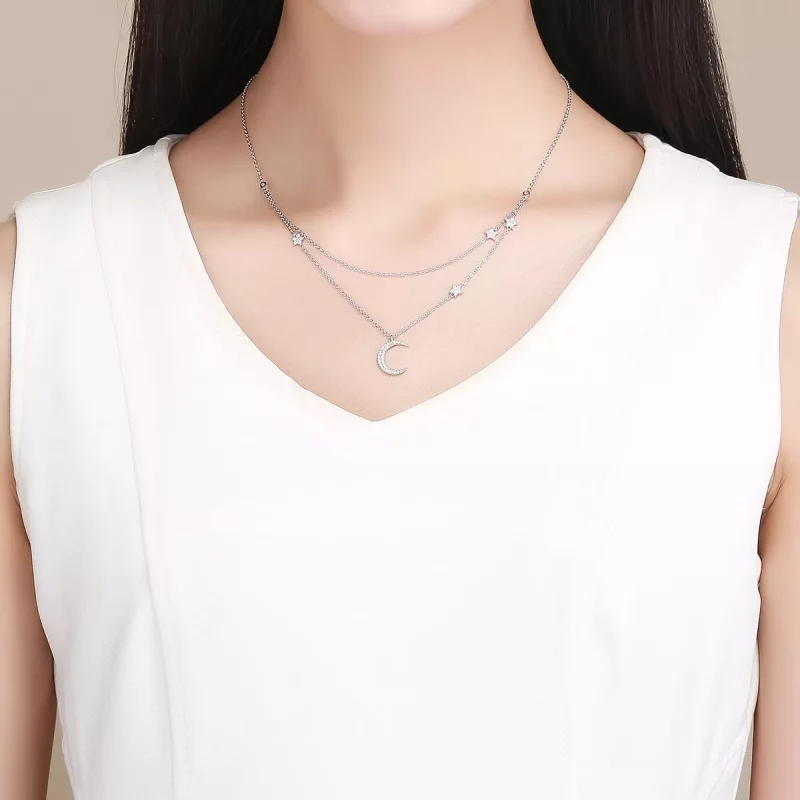 (imagen para) Collar colgante estilo Pandora de Plata con Luna y Estrellas - BSN038 - Ver 6