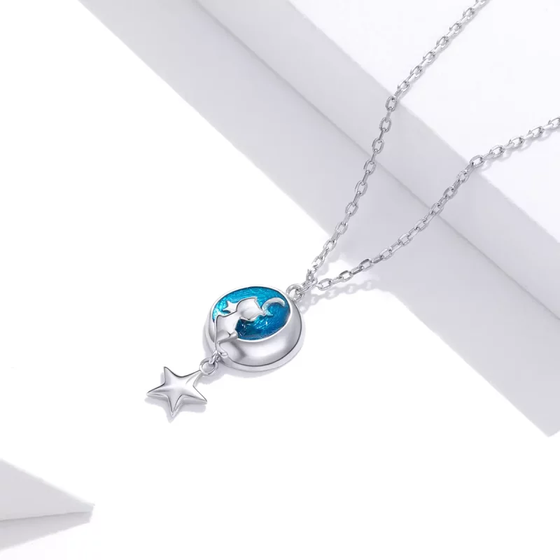 (imagen para) Collar colgante estilo Pandora plata con luna y gato - SCN422 - Ver 2