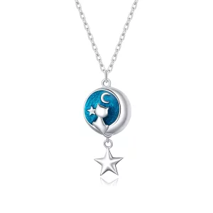 (imagen para) Collar colgante estilo Pandora plata con luna y gato - SCN422