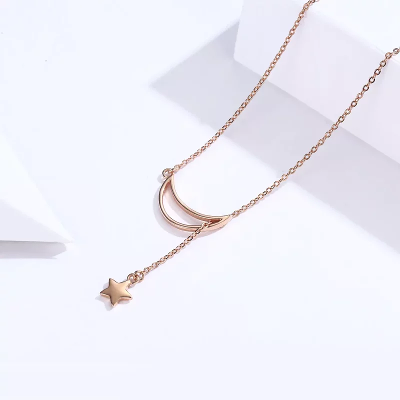 (imagen para) Collar de cadena estilo Pandora en tono oro rosa con luna estrellada - SCN108-C - Ver 2