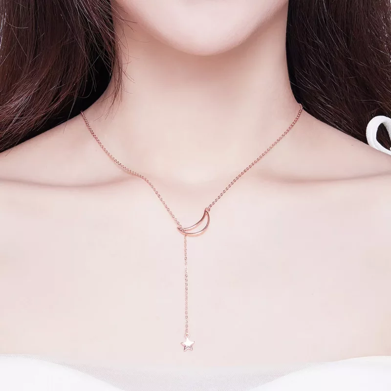 (imagen para) Collar de cadena estilo Pandora en tono oro rosa con luna estrellada - SCN108-C - Ver 4