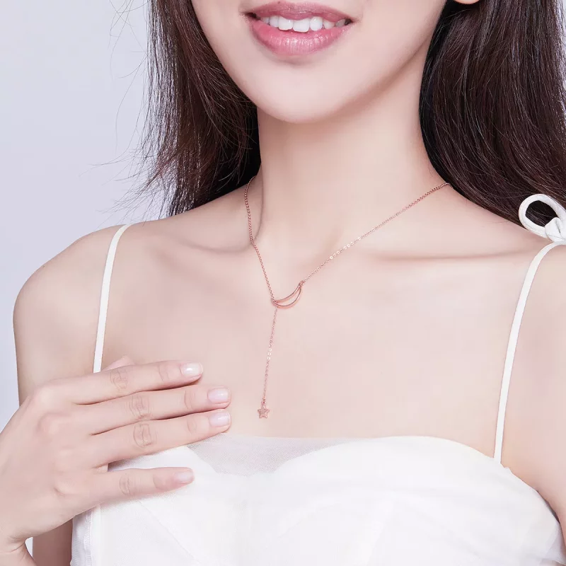 (imagen para) Collar de cadena estilo Pandora en tono oro rosa con luna estrellada - SCN108-C - Ver 5