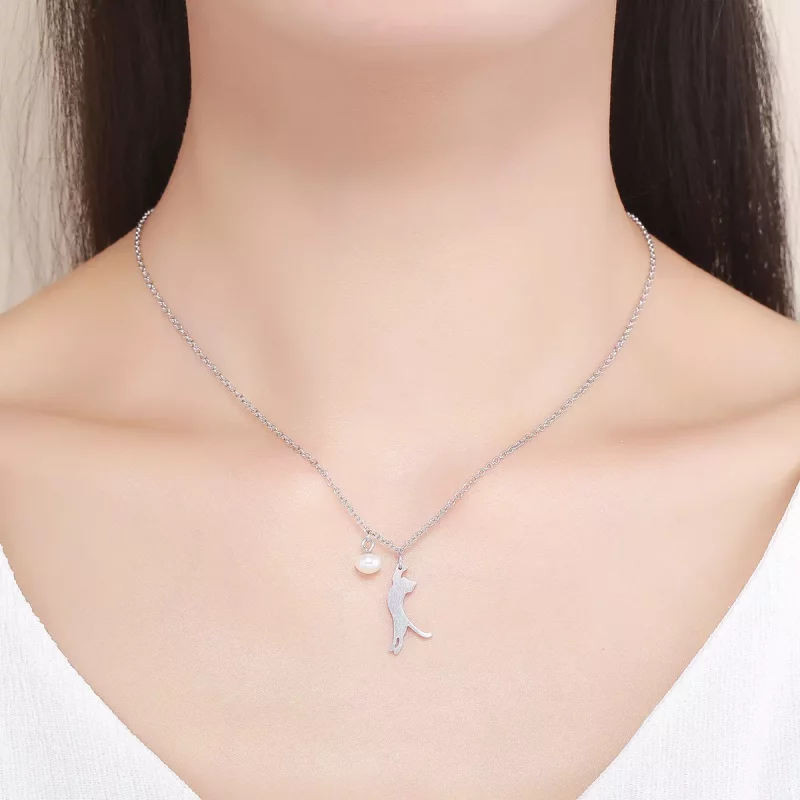 (imagen para) Collar de Plata estilo Pandora con Colgante de Gatito Juguetón - SCN175 - Ver 8