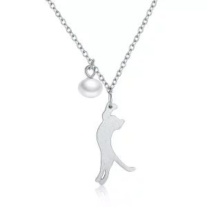 (imagen para) Collar de Plata estilo Pandora con Colgante de Gatito Juguetón - SCN175
