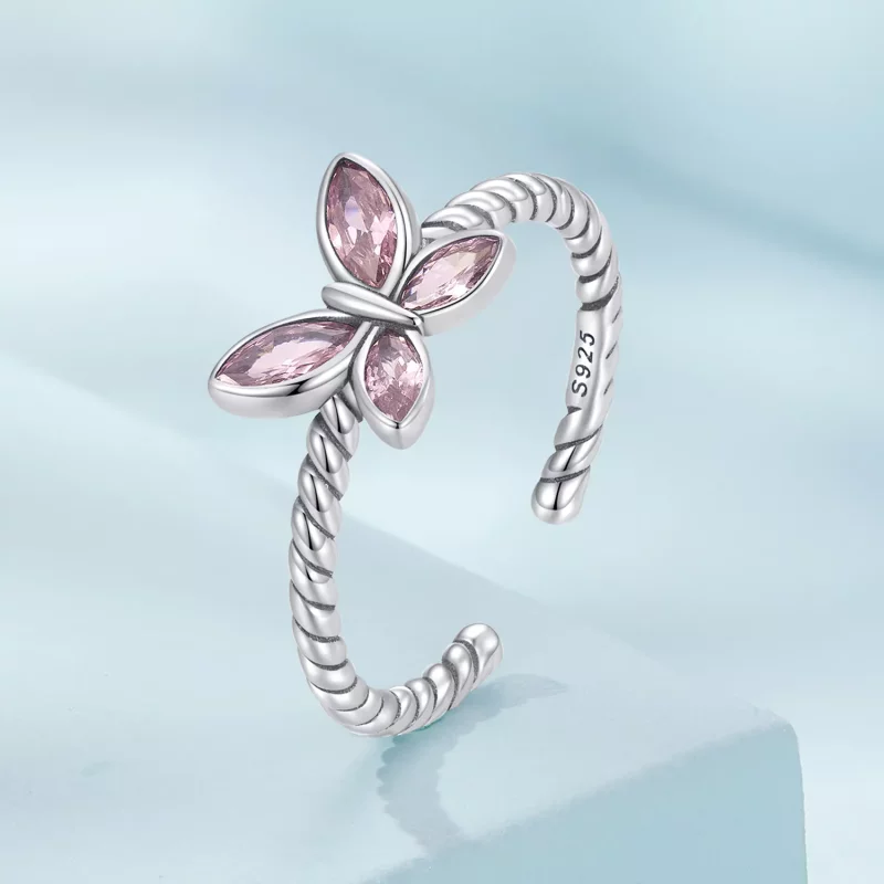 (imagen para) Anillo abierto con diseño de mariposa rosa estilo Pandora - SCR872 - Ver 2