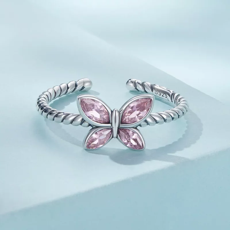 (imagen para) Anillo abierto con diseño de mariposa rosa estilo Pandora - SCR872 - Ver 3