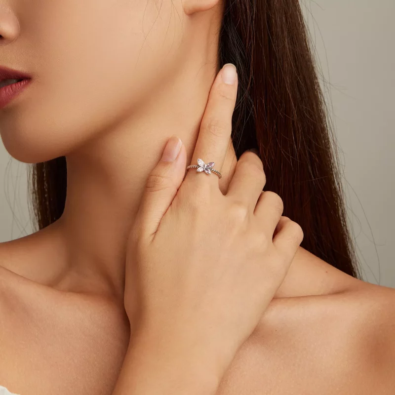 (imagen para) Anillo abierto con diseño de mariposa rosa estilo Pandora - SCR872 - Ver 4