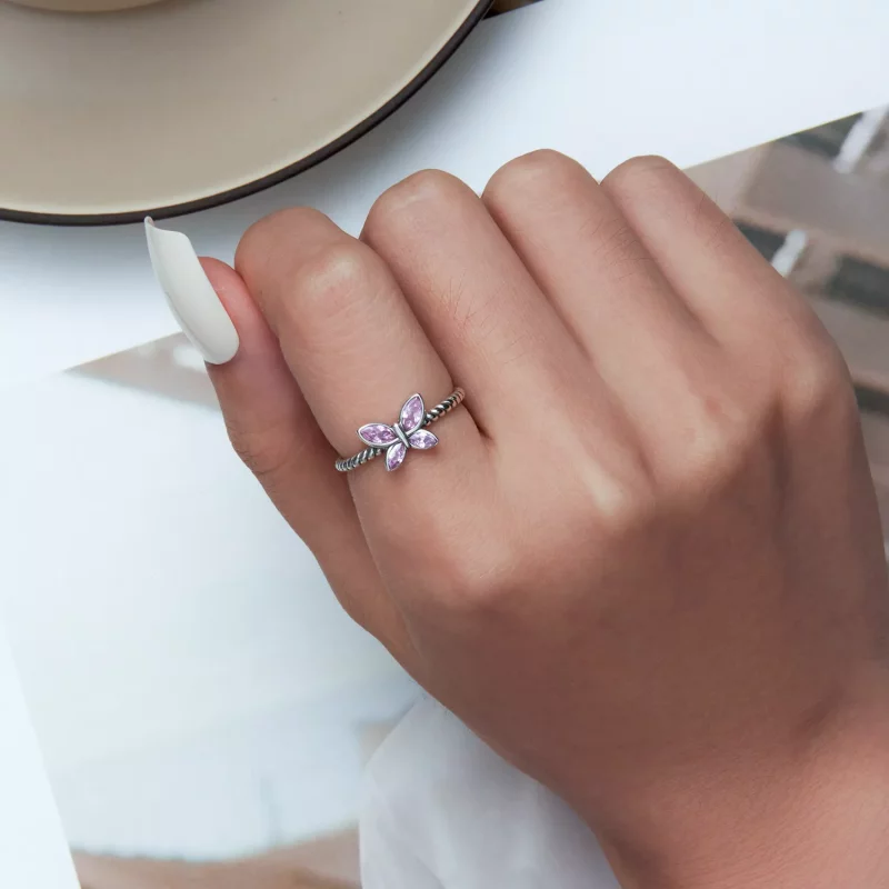 (imagen para) Anillo abierto con diseño de mariposa rosa estilo Pandora - SCR872 - Ver 5