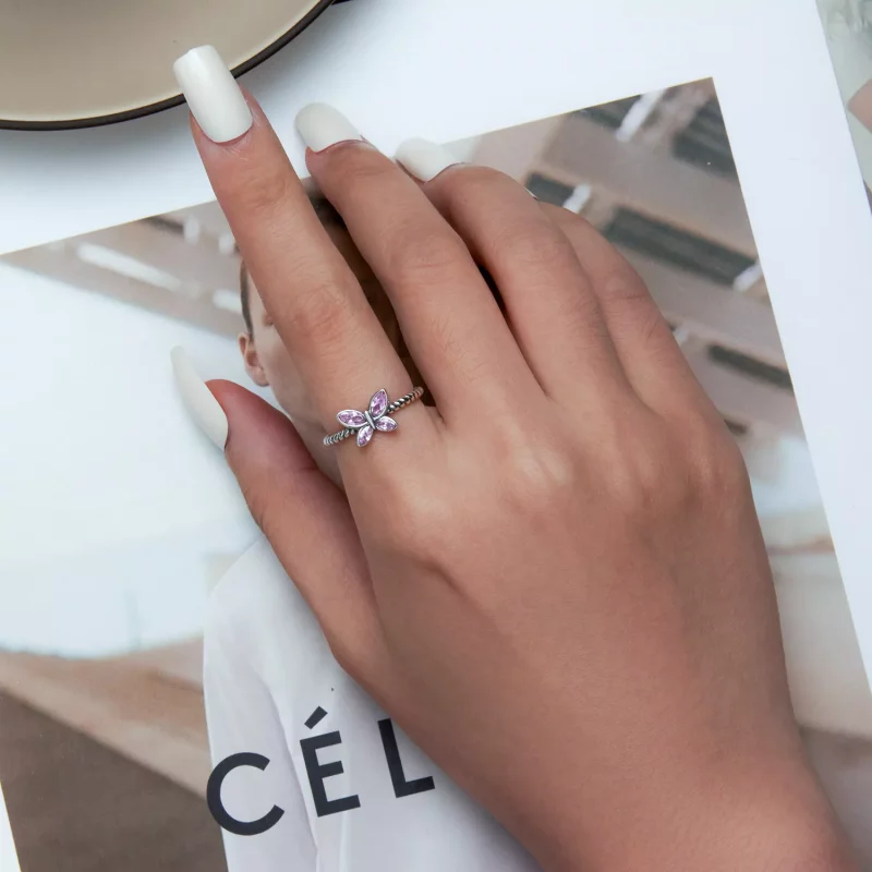 (imagen para) Anillo abierto con diseño de mariposa rosa estilo Pandora - SCR872 - Ver 6