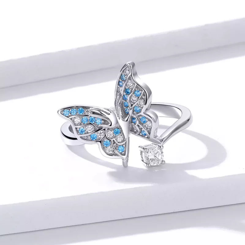 (imagen para) Anillo abierto de ala de mariposa plateada estilo Pandora - BSR098 - Ver 2