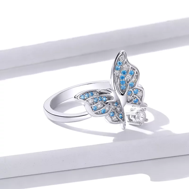 (imagen para) Anillo abierto de ala de mariposa plateada estilo Pandora - BSR098 - Ver 3