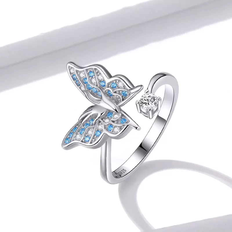 (imagen para) Anillo abierto de ala de mariposa plateada estilo Pandora - BSR098 - Ver 4