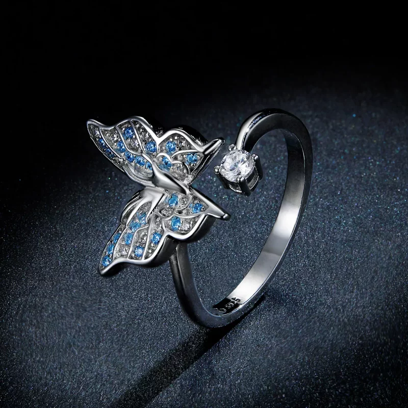 (imagen para) Anillo abierto de ala de mariposa plateada estilo Pandora - BSR098 - Ver 8
