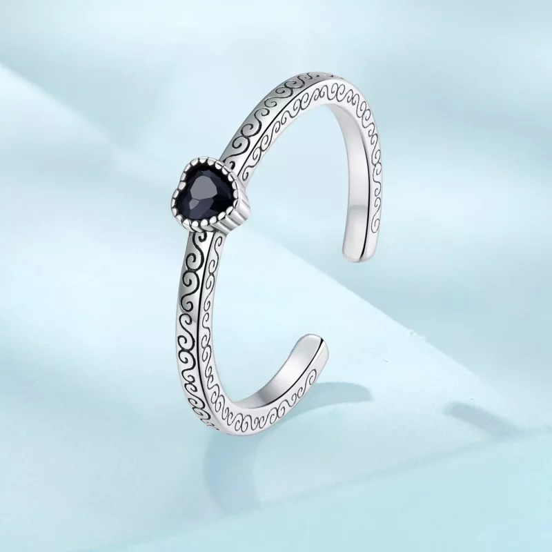 (imagen para) Anillo abierto de estilo Pandora con circonita negra vintage - SCR878 - Ver 2