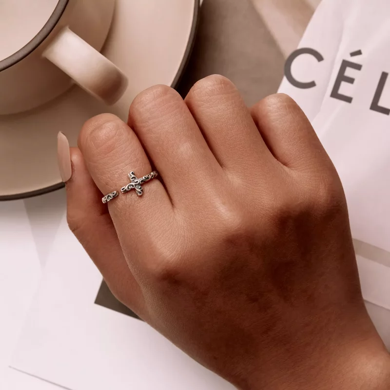 (imagen para) Anillo abierto de estilo Pandora con cruz vintage - VSR162 - Ver 5