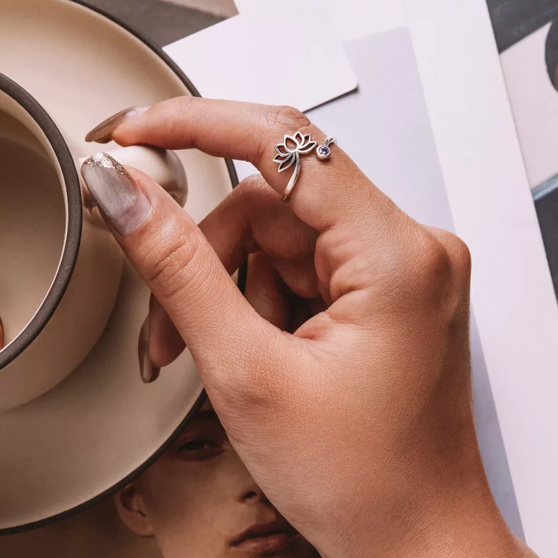 (imagen para) Anillo abierto de estilo Pandora con diseño sencillo de loto - SCR821 - Ver 8