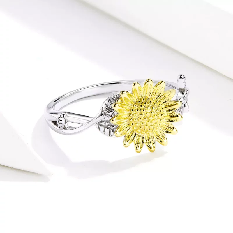 (imagen para) Anillo abierto de estilo Pandora con dos tonos bicolor de girasoles dorados - SC - Ver 2