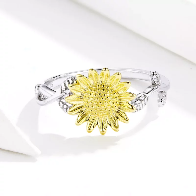 (imagen para) Anillo abierto de estilo Pandora con dos tonos bicolor de girasoles dorados - SC - Ver 3