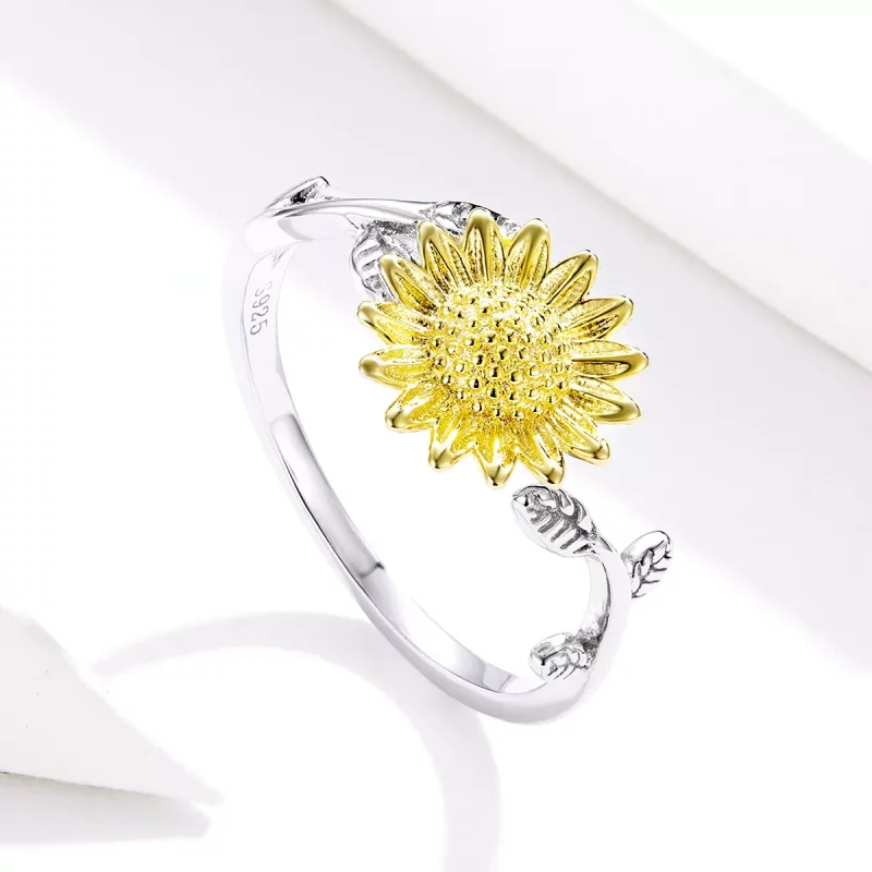 (imagen para) Anillo abierto de estilo Pandora con dos tonos bicolor de girasoles dorados - SC - Ver 4