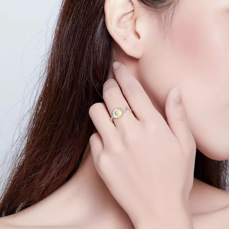 (imagen para) Anillo abierto de estilo Pandora con dos tonos bicolor de girasoles dorados - SC - Ver 6
