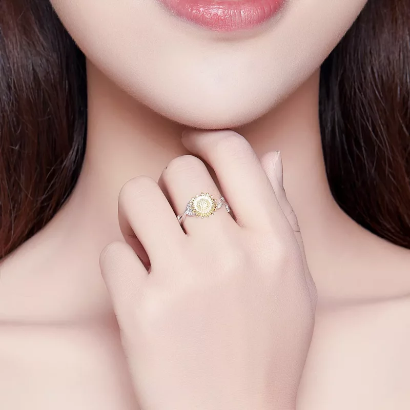 (imagen para) Anillo abierto de estilo Pandora con dos tonos bicolor de girasoles dorados - SC - Ver 7