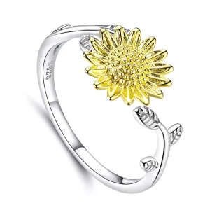 (imagen para) Anillo abierto de estilo Pandora con dos tonos bicolor de girasoles dorados - SCR596