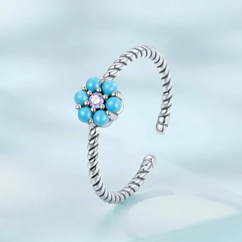 (imagen para) Anillo abierto de estilo Pandora con flores turquesas - SCR884 - Ver 2