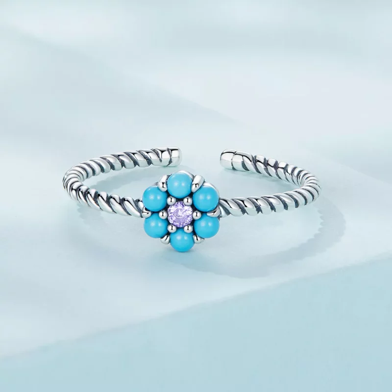 (imagen para) Anillo abierto de estilo Pandora con flores turquesas - SCR884 - Ver 3