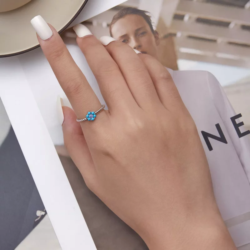 (imagen para) Anillo abierto de estilo Pandora con flores turquesas - SCR884 - Ver 5