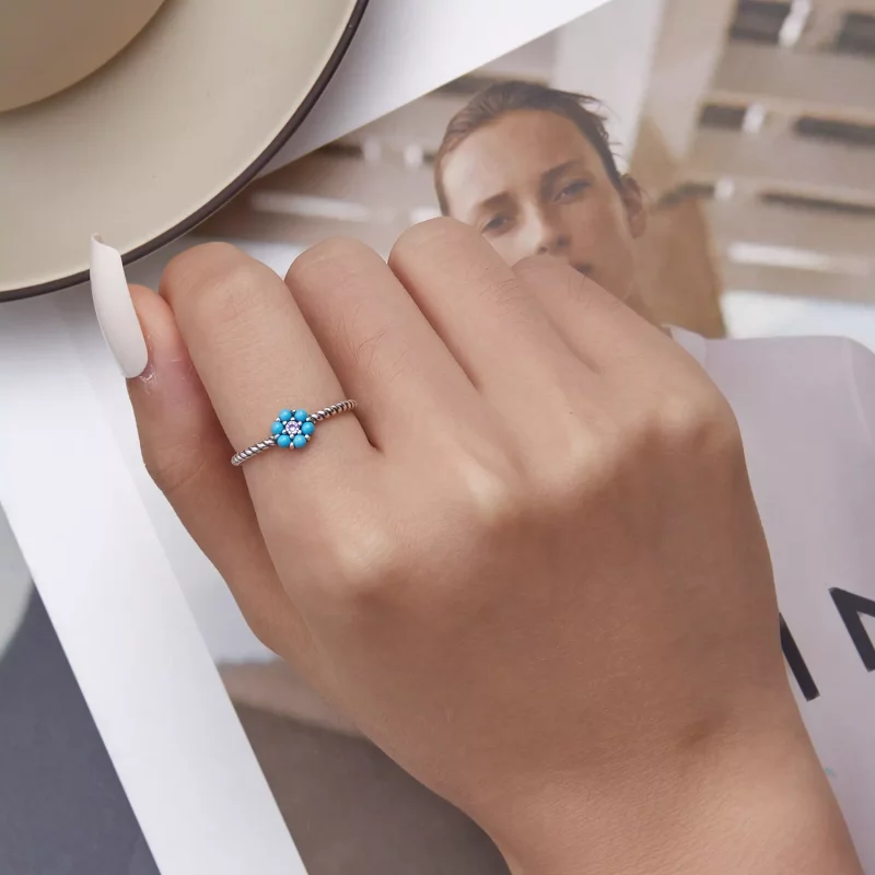 (imagen para) Anillo abierto de estilo Pandora con flores turquesas - SCR884 - Ver 6