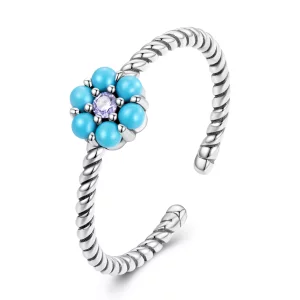 (imagen para) Anillo abierto de estilo Pandora con flores turquesas - SCR884