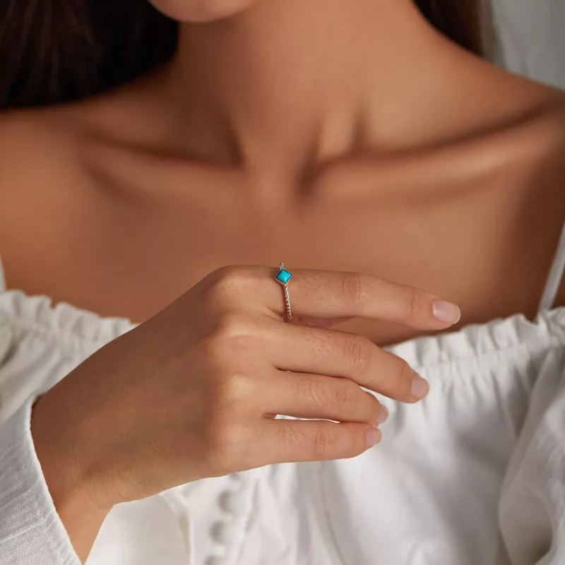 (imagen para) Anillo abierto de estilo Pandora con forma geométrica de turquesa - SCR753 - Ver 6