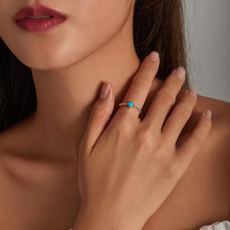 (imagen para) Anillo abierto de estilo Pandora con forma geométrica de turquesa - SCR753 - Ver 7