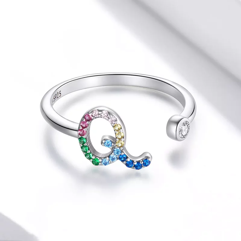 (imagen para) Anillo abierto de estilo Pandora con letra Q en colores vivos - SCR723-Q - Ver 3