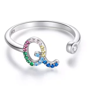 (imagen para) Anillo abierto de estilo Pandora con letra Q en colores vivos - SCR723-Q