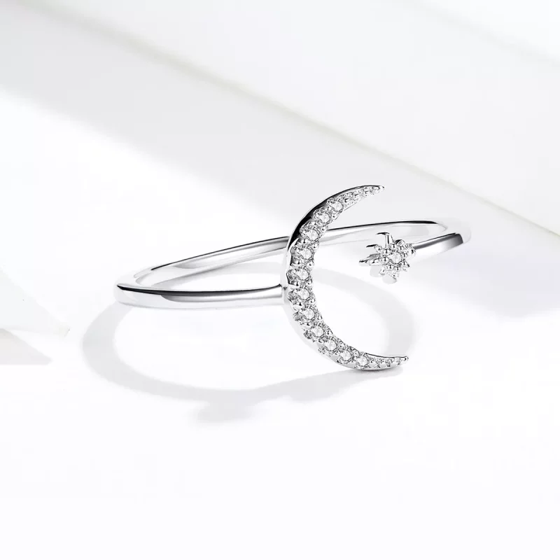 (imagen para) Anillo abierto de estilo Pandora con luna y estrella plateadas - SCR569 - Ver 2