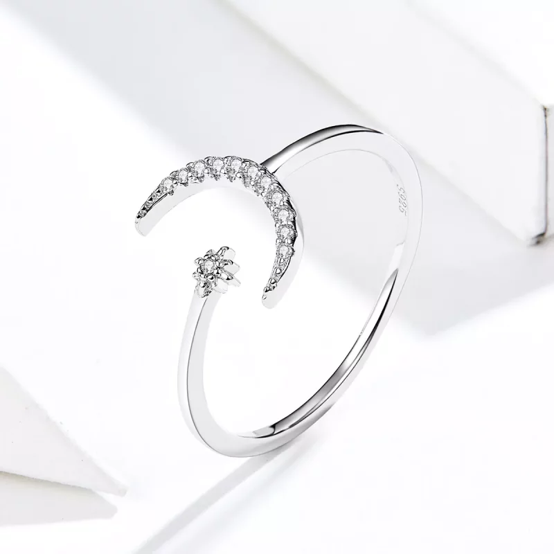 (imagen para) Anillo abierto de estilo Pandora con luna y estrella plateadas - SCR569 - Ver 3